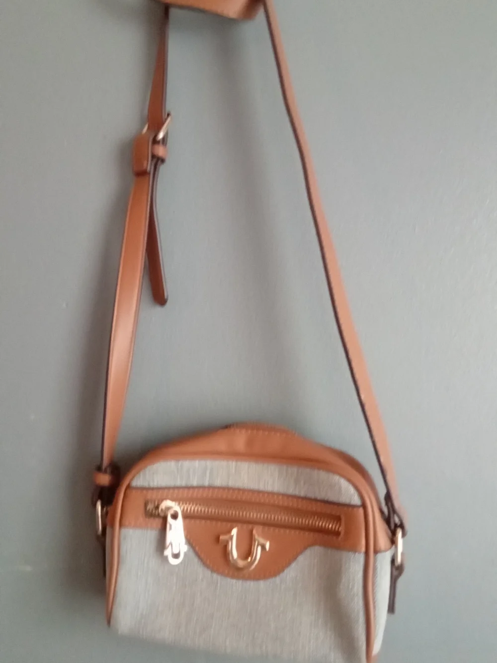 True Religion Crossbody Camera Bag‎ Brown Denim Gold Horseshoe Logo Messenger